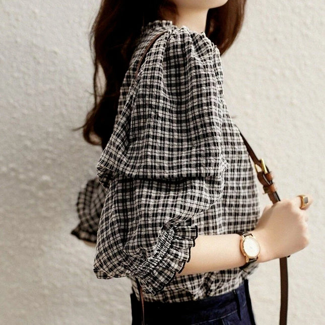 Luxury Chiffon Plaid Blouse for Women, Vintage Half Sleeve Top