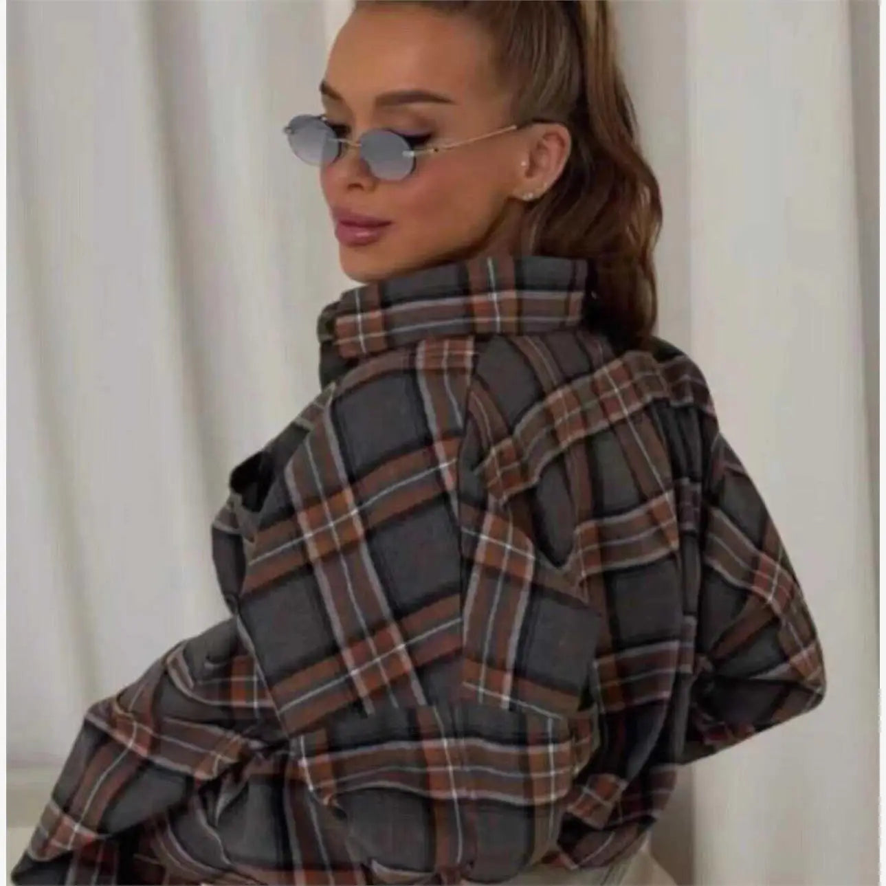 Vintage Plaid Oversized Shirt for Women, Loose Cotton Long Sleeve Button-Up Top