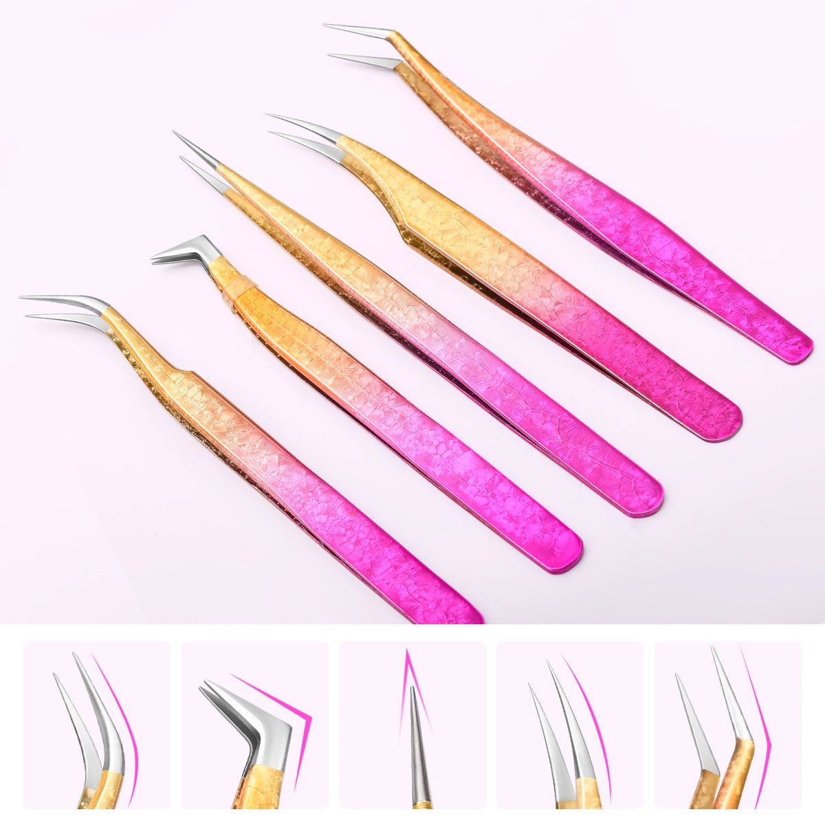 5Pcs Eyelash Tweezers Set, Precision Stainless Steel Tools for Lash Extensions
