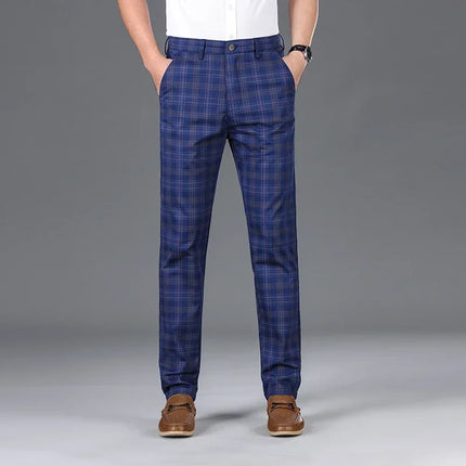Slim Checkered Pants, Stretch Straight Business Casual Trousers