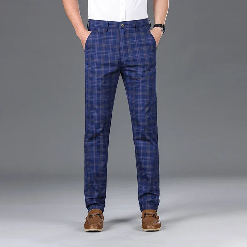Summer Men’s Slim Checkered Pants, Stretch Straight Business Casual Trousers