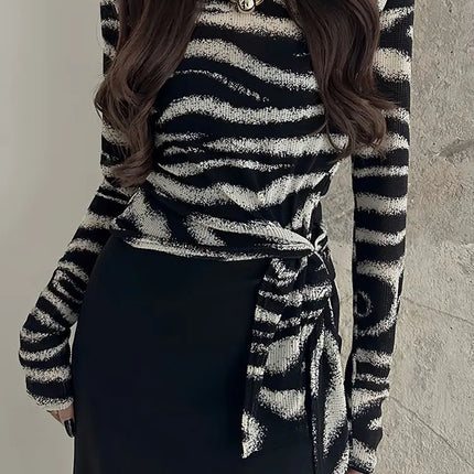 Striped Tie-Detail Crop Top, Women’s Fitted Long Sleeve Spring/Autumn Tee