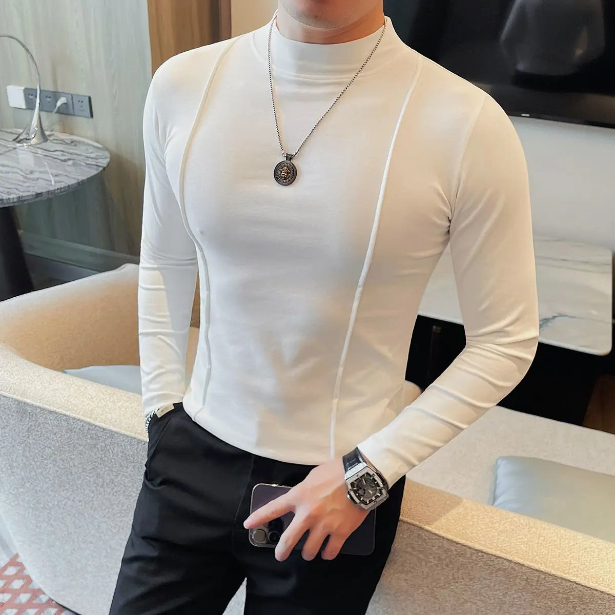 Men’s Mid-Neck Long Sleeve T-Shirt, Slim Fit Half Turtleneck Solid Top (Spring & Autumn)