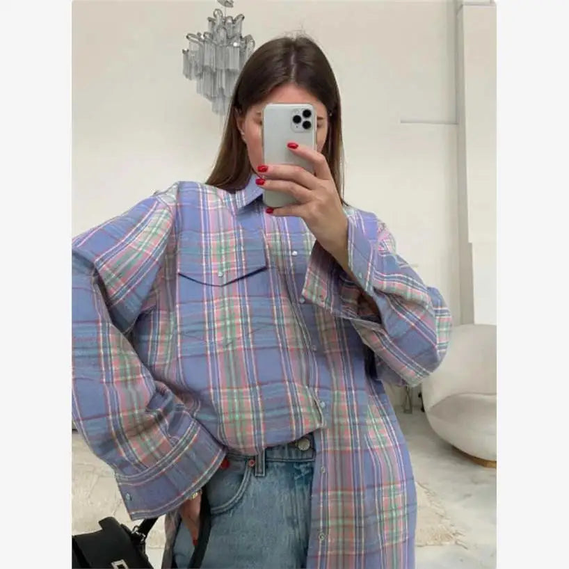Vintage Plaid Oversized Shirt for Women, Loose Cotton Long Sleeve Button-Up Top