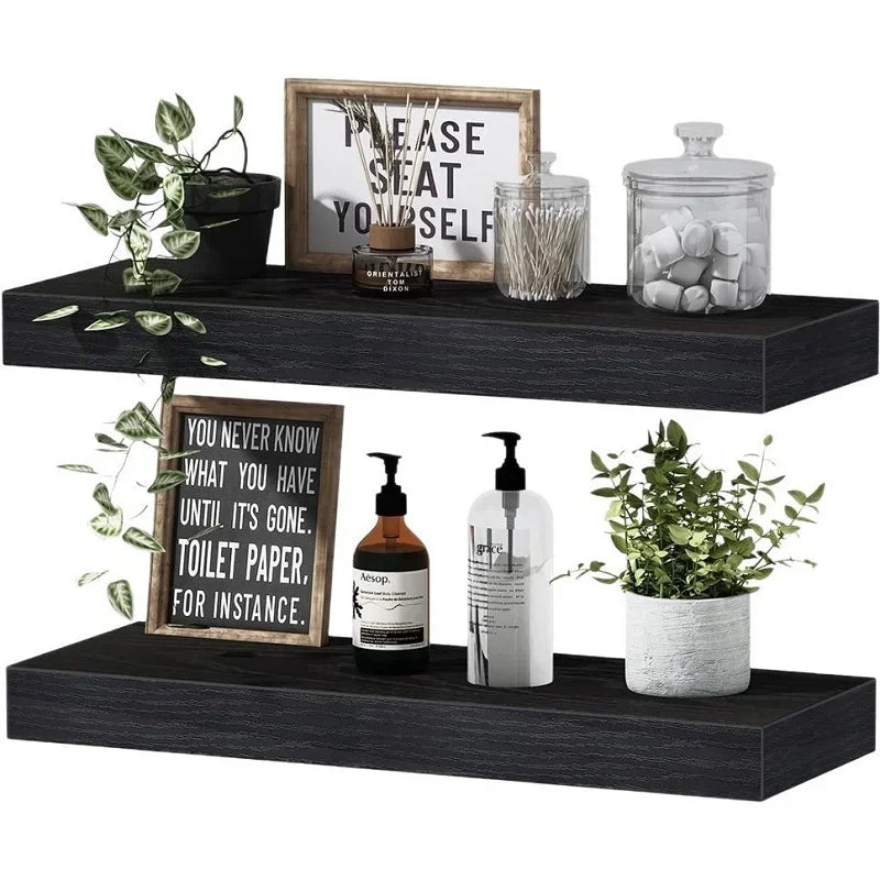 Black Floating Wooden Shelves, Wall-Mounted Storage Rack for Bathroom, Kitchen & Home Décor