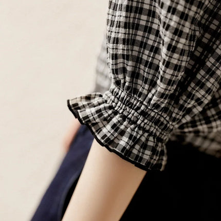 Luxury Chiffon Plaid Blouse for Women, Vintage Half Sleeve Top