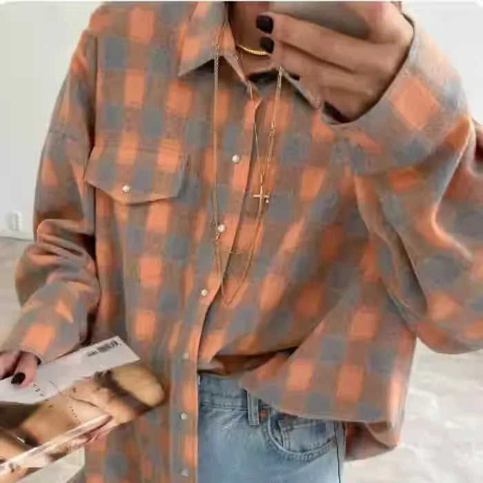 Vintage Plaid Oversized Shirt for Women, Loose Cotton Long Sleeve Button-Up Top