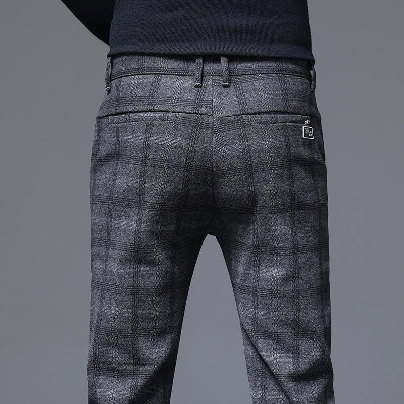 Men’s Plaid Business Trousers, Slim Fit Cotton Dress Pants for Work or Events