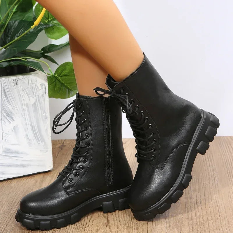 Women’s Chunky Heel Platform Boots, PU Leather Ankle Style