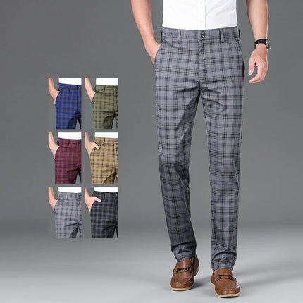 Slim Checkered Pants, Stretch Straight Business Casual Trousers