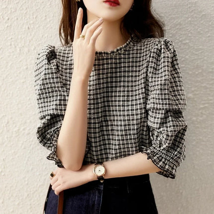 Luxury Chiffon Plaid Blouse for Women, Vintage Half Sleeve Top