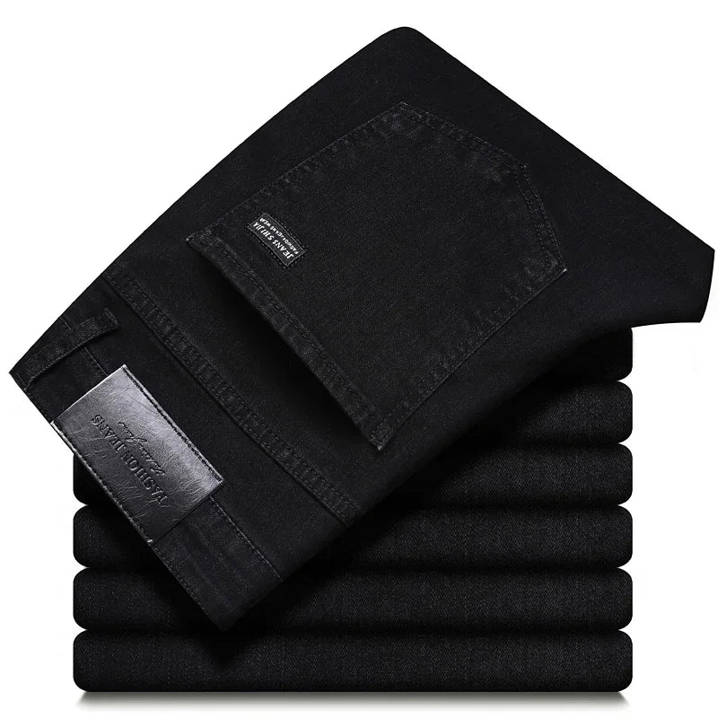 Men’s Classic Straight Jeans, Stretch Mid-Waist Denim, Smoke Gray or Black