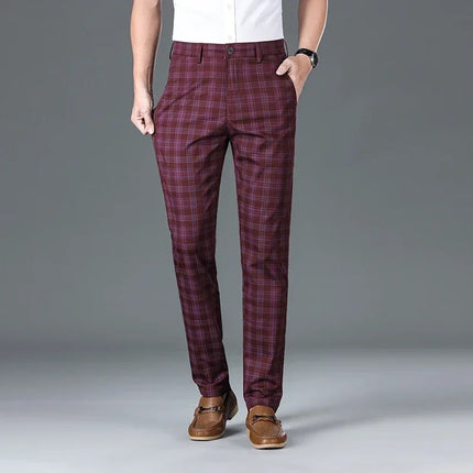 Slim Checkered Pants, Stretch Straight Business Casual Trousers