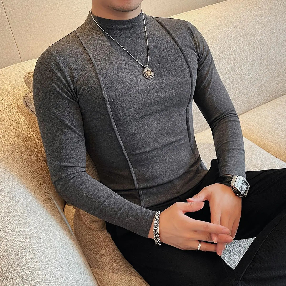 Men’s Mid-Neck Long Sleeve T-Shirt, Slim Fit Half Turtleneck Solid Top (Spring & Autumn)