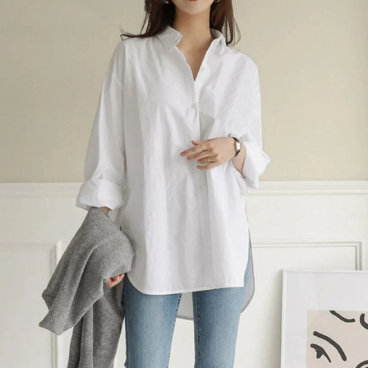 Women’s White Long Sleeve Blouse – Loose Fit Vintage Casual Shirt