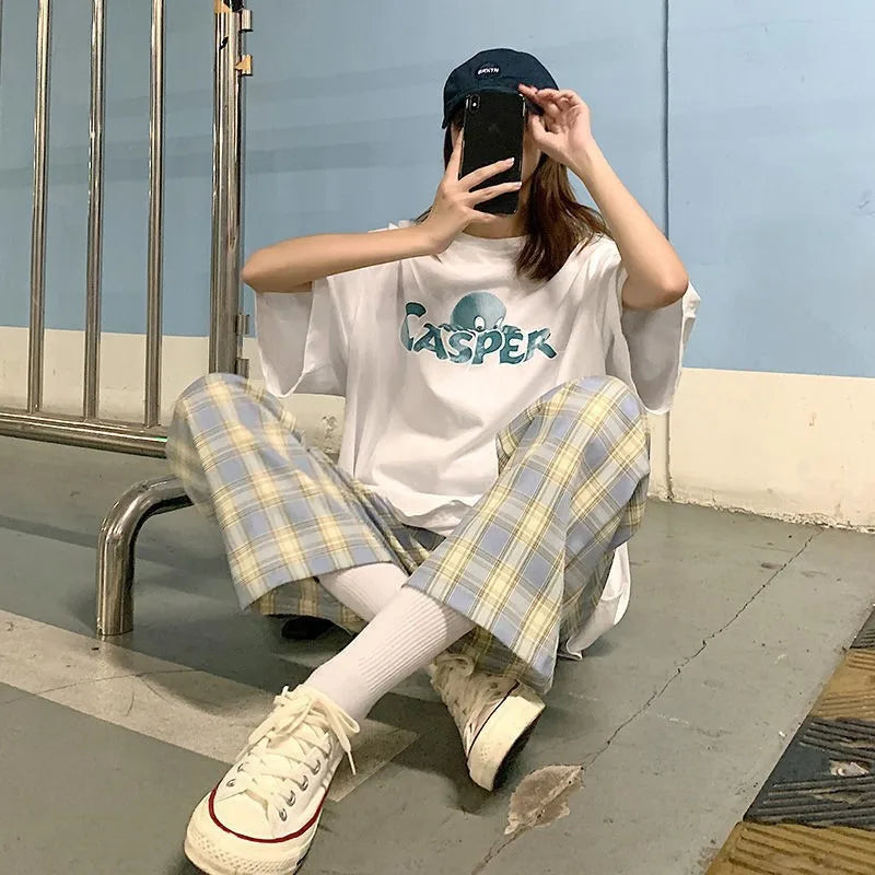 Women’s Plaid Wide Leg Pants, High Waist Loose Fit Summer Style