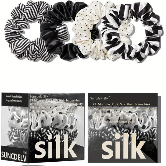 Mulberry Silk Hair Scrunchies Set, 4PCS Handmade Natural Hair Ties for Women