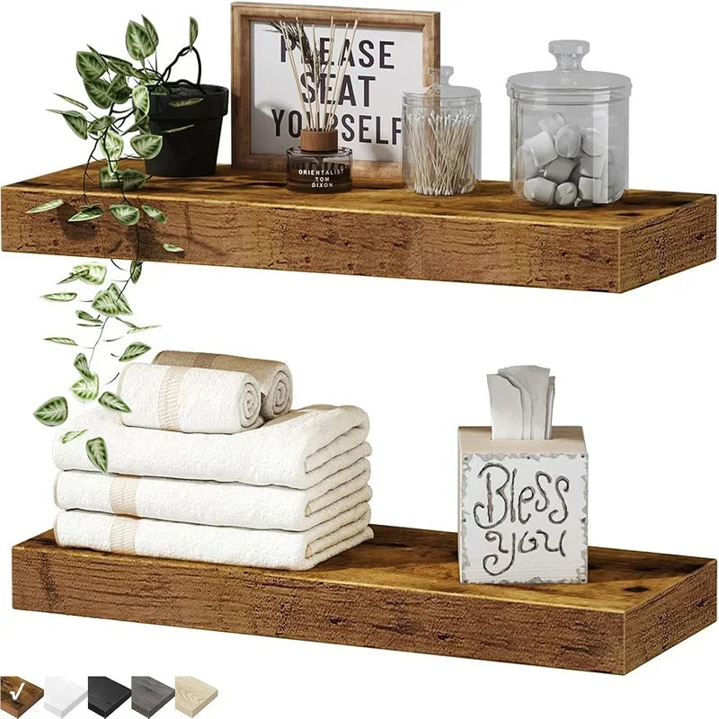 Black Floating Wooden Shelves, Wall-Mounted Storage Rack for Bathroom, Kitchen & Home Décor