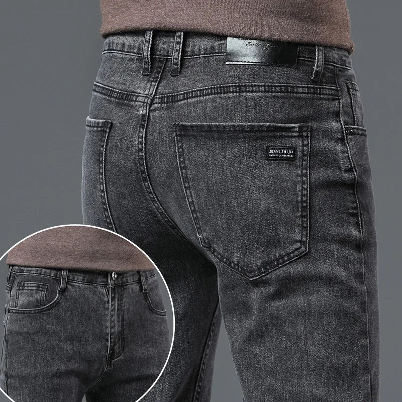 Men’s Classic Straight Jeans, Stretch Mid-Waist Denim, Smoke Gray or Black