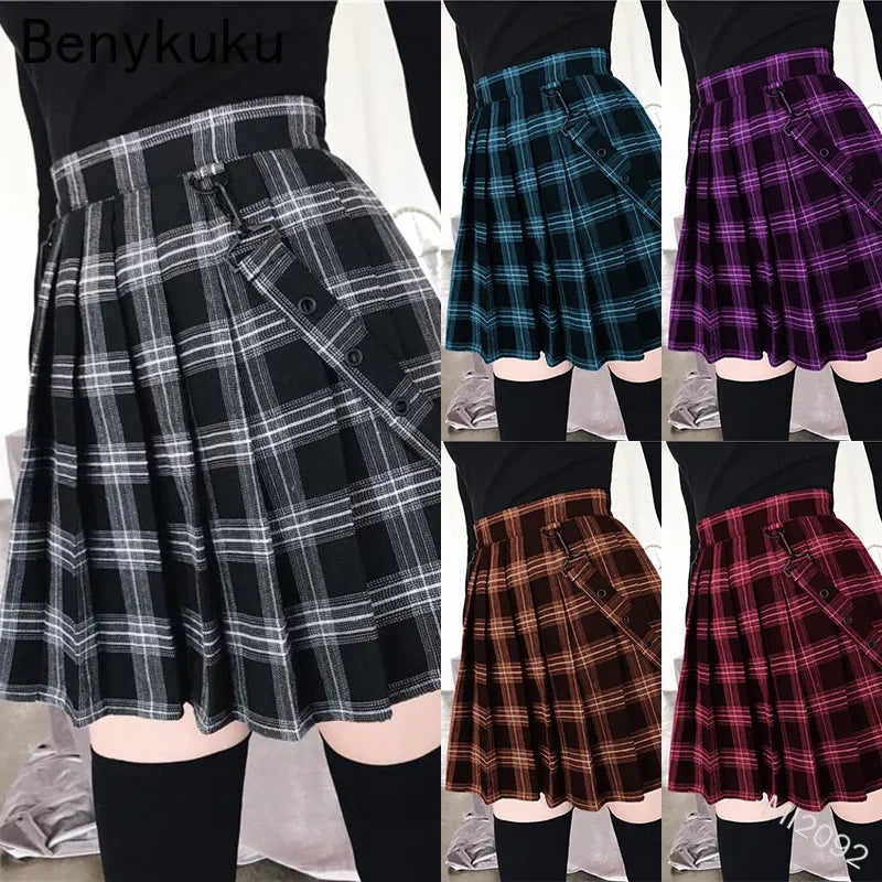 Plaid Pleated Mini Skirt, Gothic Punk A-Line Style for Women