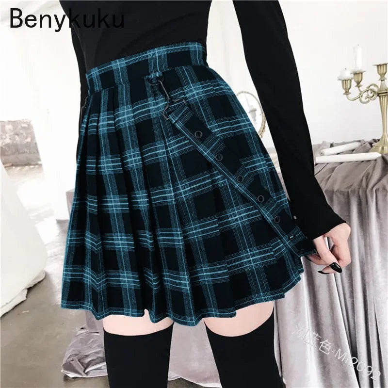 Plaid Pleated Mini Skirt, Gothic Punk A-Line Style for Women