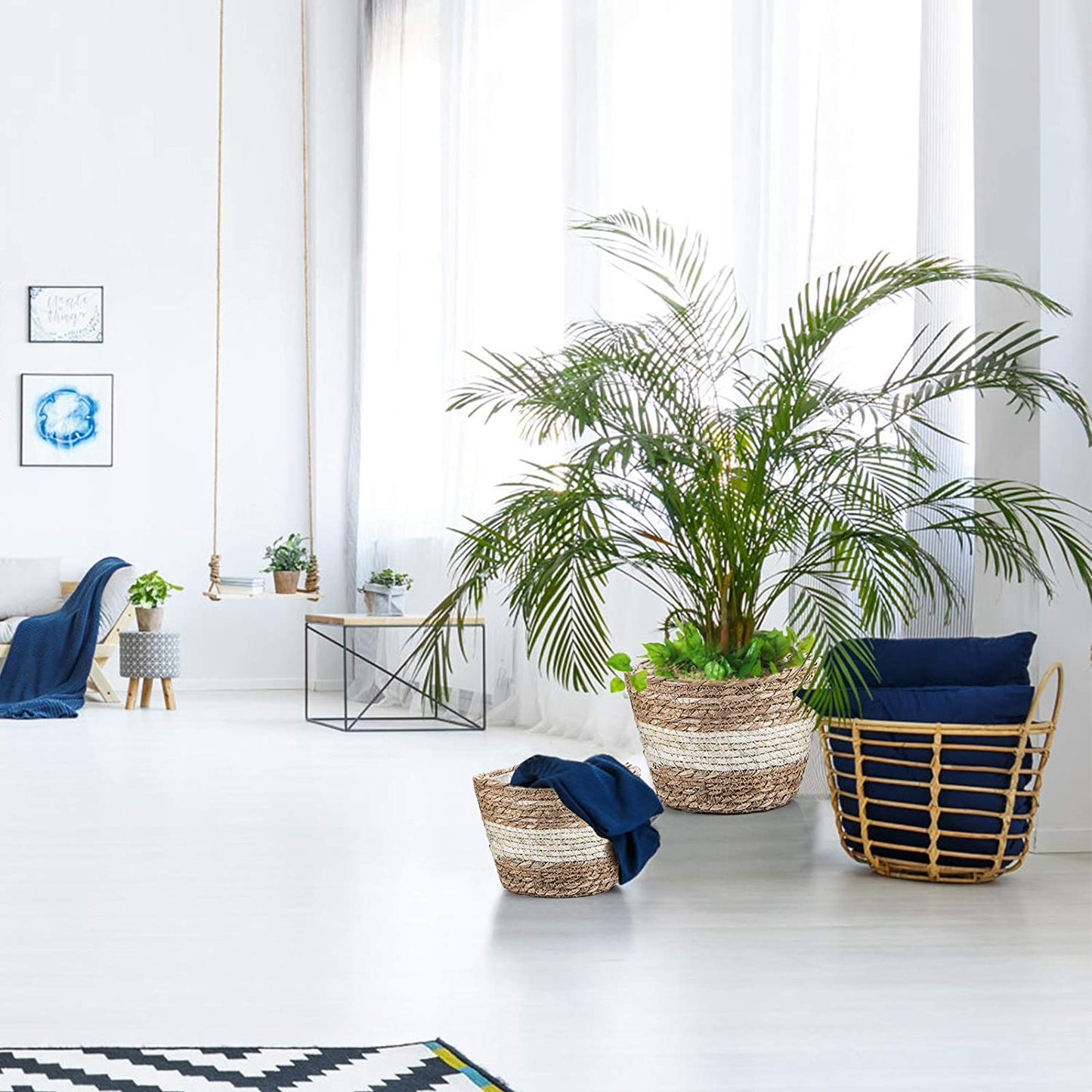 Straw Weaving Flower Plant Basket Grass Planter Basket Indoor Outdoor