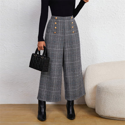 Plaid Wide-Leg Ninth Pants With Double-Breasted Decoration For Daily Office Wear