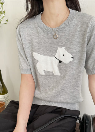 Puppy Jacquard Design Gray Loose Base Knitting Short Sleeve