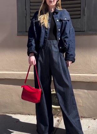 Dark Denim Oversized Jacket And Wide-Leg Pant Set