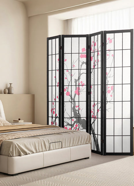 4 Panel Japanese Wooden Folding Room Divider Screen