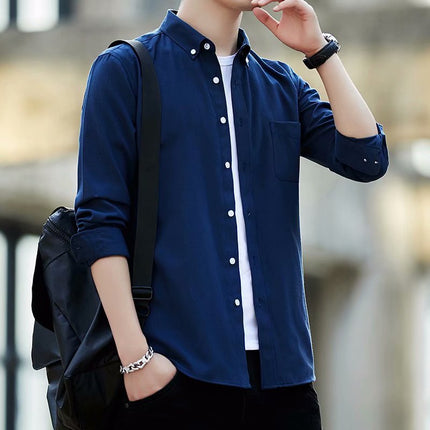 Oxford-cloth Casual Slim-fit Solid-color Shirt