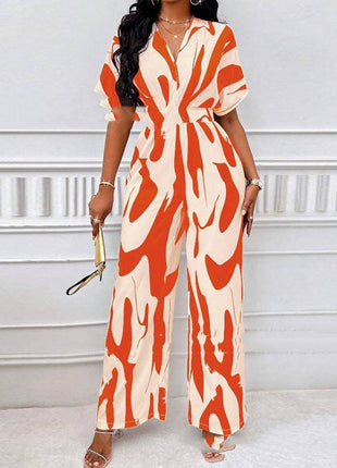 V-neck Loose Printed Long Jumpsuit