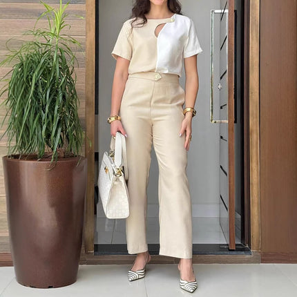 Two-piece Pantsuit Short-sleeve Hollow-out Blouse with Straight-leg Pants