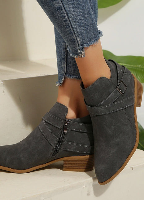Fashionable Chunky-Heel Leather Belt-Clasp Side-Zip Ankle Boots
