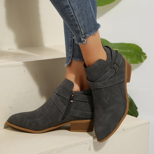 Fashionable Chunky-Heel Leather Belt-Clasp Side-Zip Ankle Boots