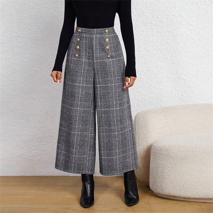Plaid Wide-Leg Ninth Pants With Double-Breasted Decoration For Daily Office Wear