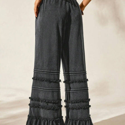 Casual Vacation Style Black Worn Looking Washed-out Loose Flared Pants