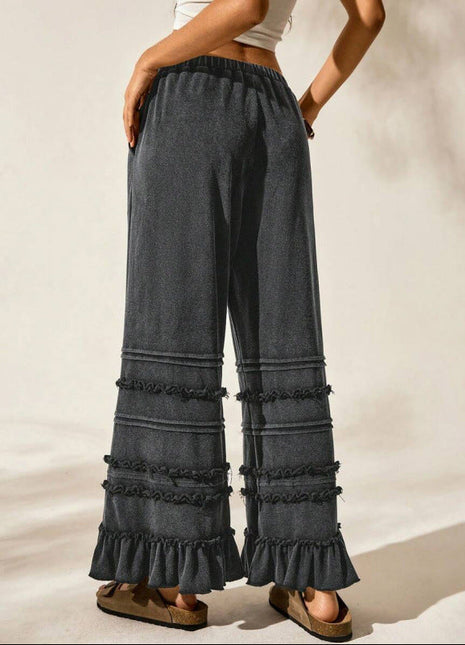 Casual Vacation Style Black Worn Looking Washed-out Loose Flared Pants