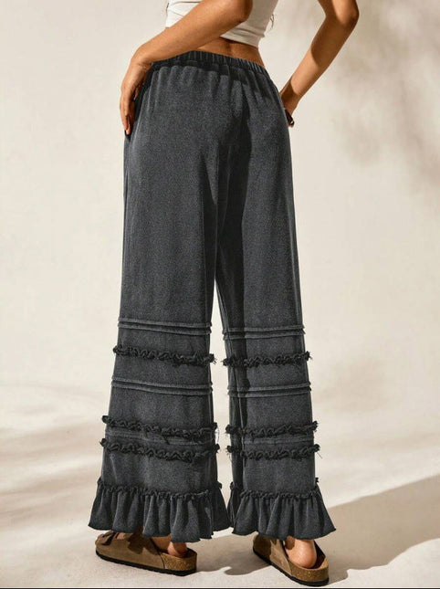 Casual Vacation Style Black Worn Looking Washed-out Loose Flared Pants