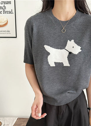 Puppy Jacquard Design Gray Loose Base Knitting Short Sleeve