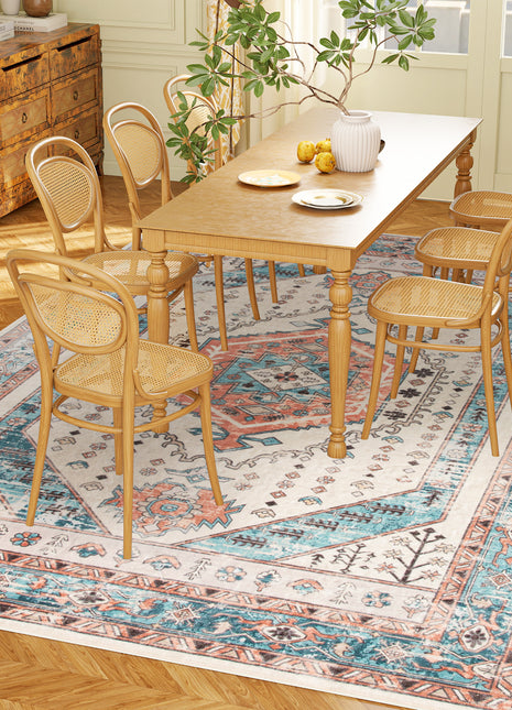 8x10 Area Rug, Vintage Machine Washable Rug, Non-Slip Floor Carpet for Living Room, Bedroom, Dining Room, Brown and Blue