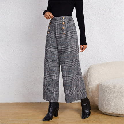 Plaid Wide-Leg Ninth Pants With Double-Breasted Decoration For Daily Office Wear