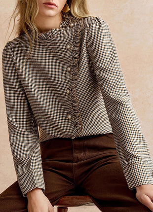 Houndstooth Ruffled Small Stand-up Collar Side-button-front Shirt