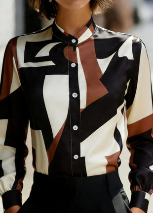 Bold Geometric Color-Block Printed Stand Collar Lantern Sleeve Shirt
