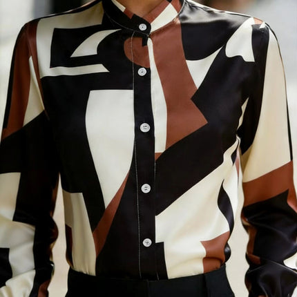 Bold Geometric Color-Block Printed Stand Collar Lantern Sleeve Shirt