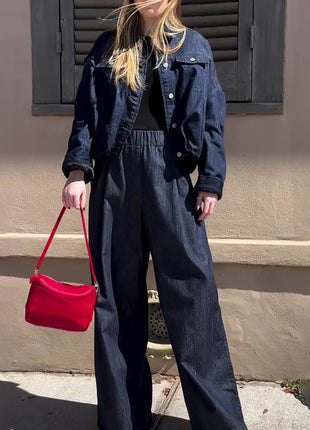 Dark Denim Oversized Jacket And Wide-Leg Pant Set