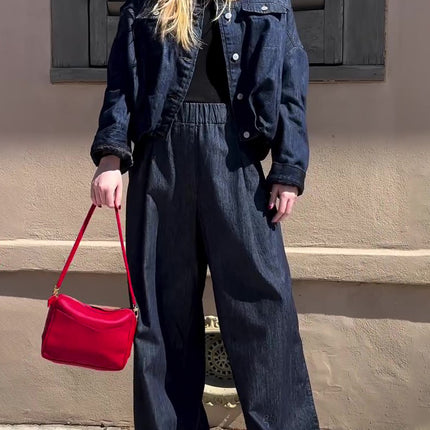 Dark Denim Oversized Jacket And Wide-Leg Pant Set