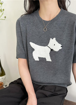 Puppy Jacquard Design Gray Loose Base Knitting Short Sleeve