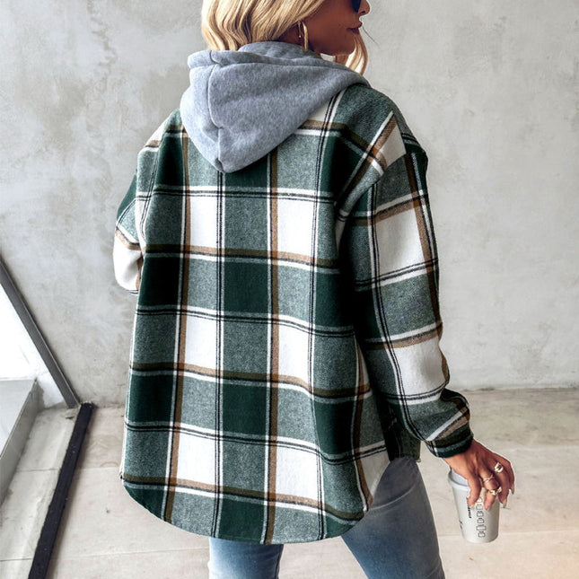Plaid Hooded Jacket Fashion Casual Button Pocket Coat Autumn and Winter