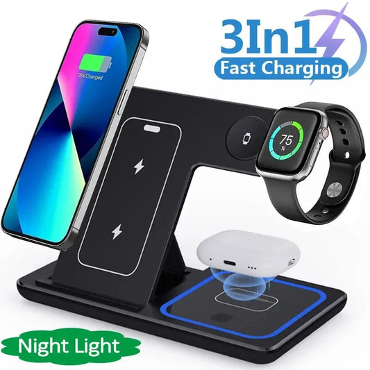 15W 3-in-1 Wireless Charger Stand – Foldable Fast Charging Station for Phone, Watch & Earbuds
